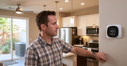 homeowner in a kitchen checking smart thermostat, with common energy-use items in the background
